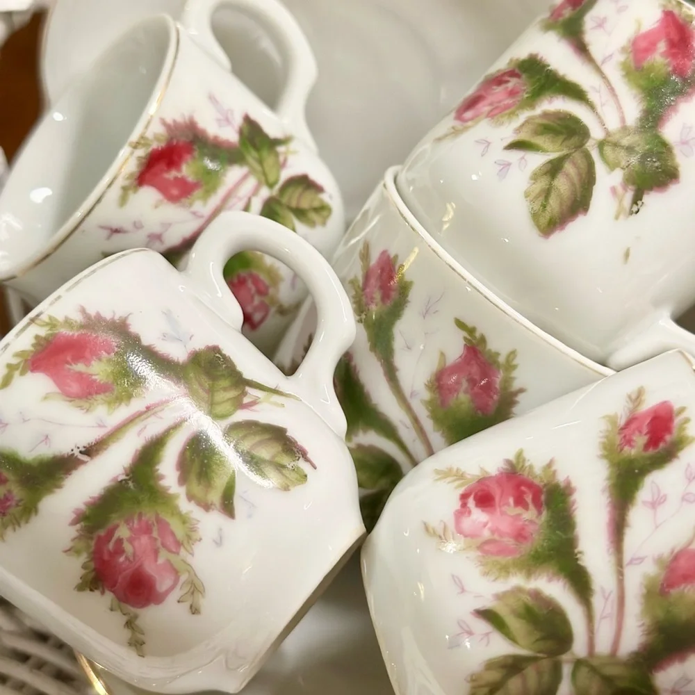 Moss Rose Floral Porcelain Demitasse and Footed Base Tea Cups and Saucers